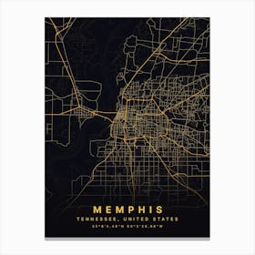 Memphis Tennessee Black And Gold Map Canvas Print