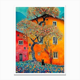 Black cat, house and garden Canvas Print