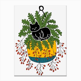 Black Cat Sleeping In A Hanging Yellow Plant Pot Big Leaves And Red Berry Fruits Beautiful Aesthetic Design 1 Canvas Print