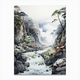 Sounkyo Gorge In Hokkaido, Japanese Brush Painting, Ukiyo E, Minimal 3 Canvas Print