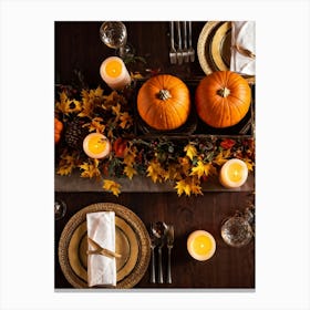 Autumnal Thanksgiving Table Setting Centering An Organic Pumpkin Surrounded By A Bounty Of Golden (1) Canvas Print