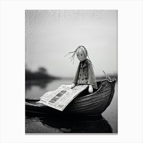 Sad Faced Stick Doll Seated On A Newspaper Crafted Boat Monochromatic Palette Overcast Sky Envelop Canvas Print