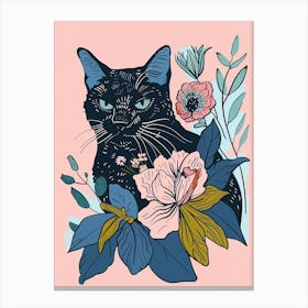 Cute Russian Blue Cat With Flowers Illustration 2 Canvas Print