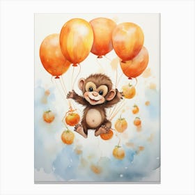 Monkey Flying With Autumn Fall Pumpkins And Balloons Watercolour Nursery 2 Canvas Print
