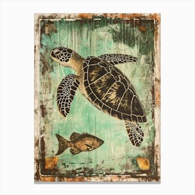 Vintage Scrapbook Sea Turtle With Fish Canvas Print