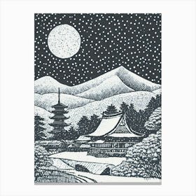 A Snow Covered Village With A Distant View Of A Pagoda Ukiyo-E Style Canvas Print