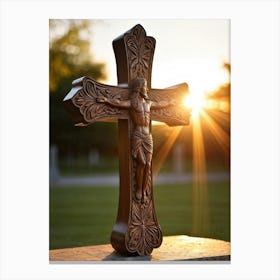 An Intricately Carved Wooden Cross Representing Faith Its Silhouette Beautifully Etched Against Thi (2) Canvas Print