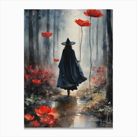Witch Running In Red Lotus Woods ~ Witchy Artwork of a Black Cloaked Witch Figure Hurrying Through Mysterious Enchanted Moonlit Forest Filled With Wonderland Red Lotus Flowers Fairytale Witchcore Cottagecore Watercolor Canvas Print