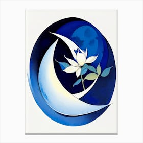 Crescent Moon And Lotus Symbol Blue And White Line Drawing Canvas Print