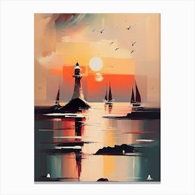 Port with Lighthouse And Sailing Boats During The Sunset - Abstract Minimal Boho Beach Canvas Print