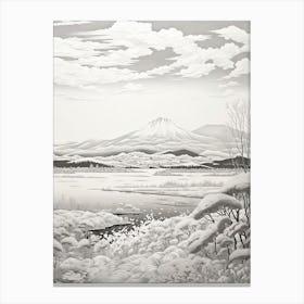 Lake Toya In Hokkaido, Ukiyo E Black And White Line Art Drawing 1 Canvas Print