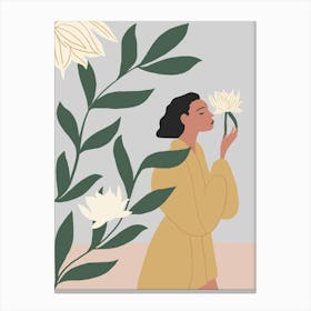 Woman Smelling Lotus Flower Canvas Print