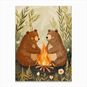Brown Bear Two Bears Sitting Together By A Campfire Storybook Illustration 4 Canvas Print