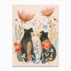 Folksy Floral Animal Drawing Black Bear 2 Canvas Print