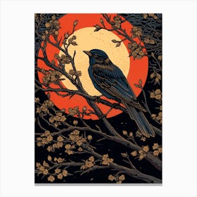 Birds And Branches Linocut Style 8 Canvas Print