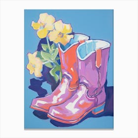 Purple Pink Cowbow Boots With Yellow Flower Canvas Print