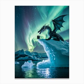 Majestic Dragon Perched On A Colossal Iceberg Sipping Frosted Coffee From An Ornate Cup Arctic Oce Canvas Print