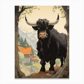 Black Bull With Picturesque Mountain Backdrop Canvas Print