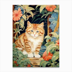 Floral Stripy Cat In Botanical Garden Canvas Print