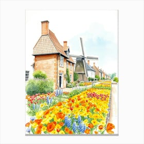 Watercolor Of A Windmill And Flowers Canvas Print