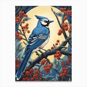 Vintage Bird Linocut Blue Jay 9 Canvas Print