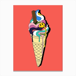Happy Rave Psychedelic Smiley Face Ice Cream Cone Canvas Print