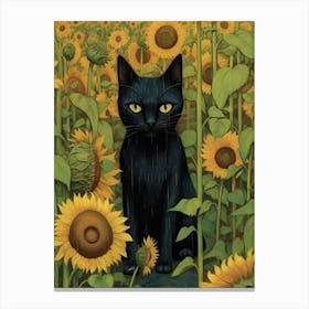 Black Cat In Sunflower Field Canvas Print