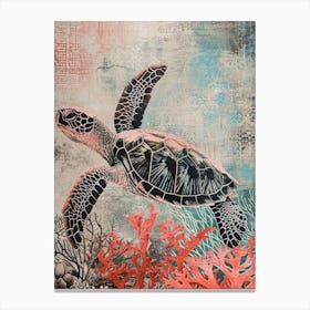 Sea Turtle Coral Textured Collage 3 Canvas Print