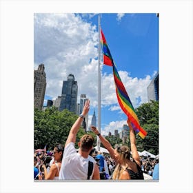 Rainbow Flag Waving Prominently Amidst A New York City Pride Parade Wristband Clad Lovebirds Striki Canvas Print