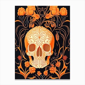 Skull With Floral Patterns 1 Orange Line Drawing Canvas Print