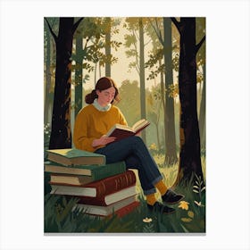 Girl Reading Book In The Forest Canvas Print