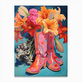 Oil Painting Of Colourful Flowers And Cowboy Boots, Oil Style 1 Canvas Print