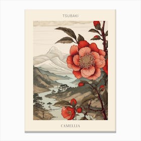 Tsubaki Camellia Japanese Botanical Illustration Poster Canvas Print