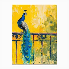 Brushstroke Yellow Blue Peacock On Winding Railing Canvas Print