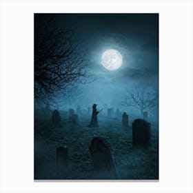 Witch Standing In Cemetery At Night Canvas Print