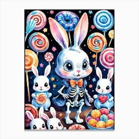Cute Skeleton Rabbit With Candies Painting (3) Canvas Print