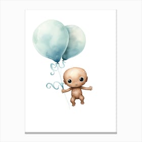 Baby Octopus Flying With Ballons, Watercolour Nursery Art 3 Canvas Print