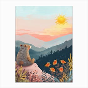 Sloth Bear Looking At A Sunset From A Mountaintop Storybook Illustration 4 Canvas Print