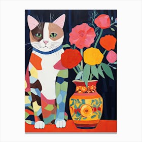 Ranunculus Flower Vase And A Cat, A Painting In The Style Of Matisse 0 Canvas Print