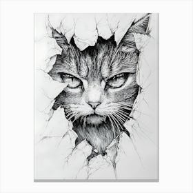 Angry Cat Watching from Wall Hole 17 Canvas Print