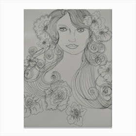 Pen drawing girl with flowers in her hair Canvas Print