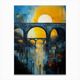 Blue Bridge with Sun IV, Modern Vibrant Colorful Painting in Oil Style Canvas Print