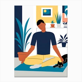 Meditating Man With Cat Canvas Print