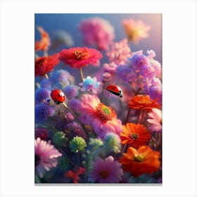 Ladybugs And Flowers Canvas Print