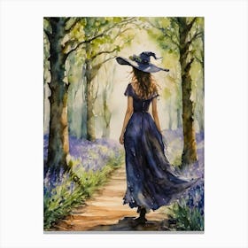 Indigo Witch in Bluebell Woods - Spring Witchy Watercolor Art by Lyra the Lavender Witch - Pagan Ostara Beltane Wheel of the Year Witches Fairytale Artwork for Wicca Goddess Magic Spells Astrology Tarot HD Canvas Print