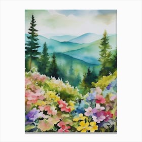 Smoky Mountains Painting, Spring Flowers, Watercolor Art, Appalachian Mountain Landscape Wall Art, Mountain Forest Print..183 Canvas Print