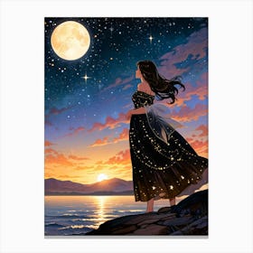 Girl Looking At The Moon Canvas Print