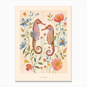 Folksy Floral Animal Drawing Seahorse Poster Canvas Print
