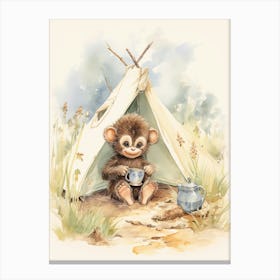 Monkey Painting Camping Watercolour 3 Canvas Print