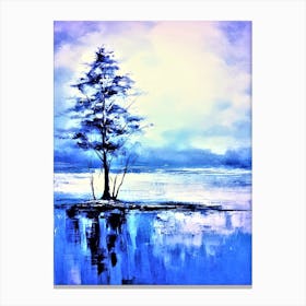 Lone Tree - White And Blue Landscape Canvas Print